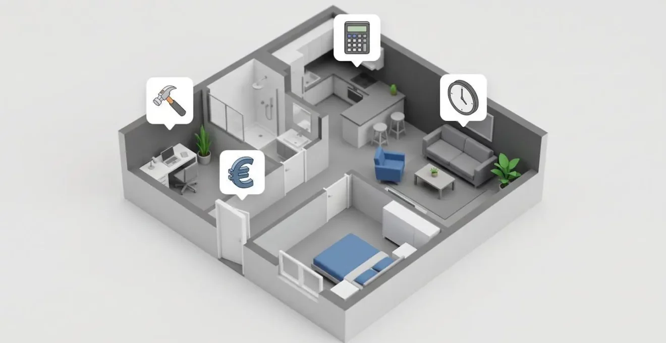 Illustration isométrique d'un appartement avec icônes représentant les déductions fiscales.