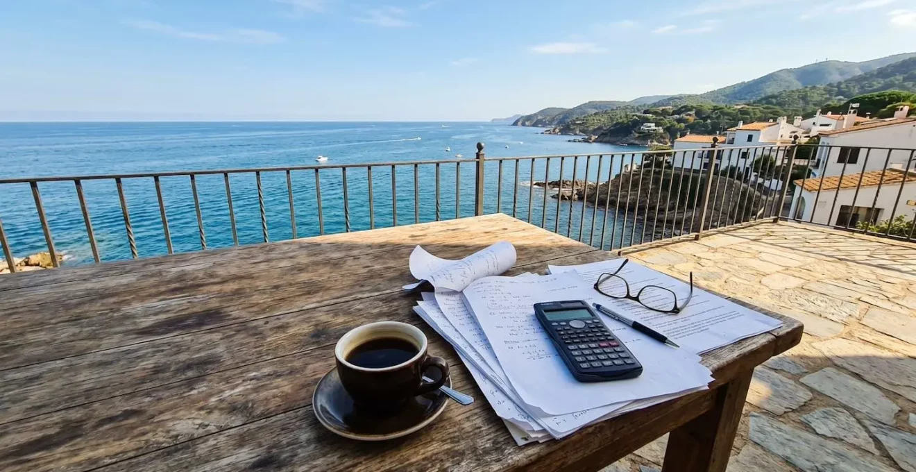 Table en bois face à la mer avec calculatrice et papiers, symbolisant la gestion fiscale d'une location meublée.