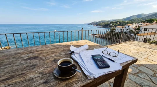 Table en bois face à la mer avec calculatrice et papiers, symbolisant la gestion fiscale d'une location meublée.