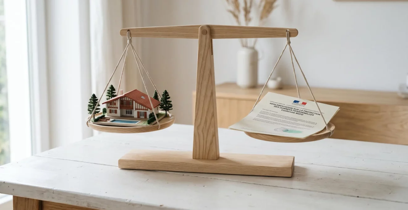 Balance en bois équilibrant une maquette de villa de vacances et un document officiel français sur la protection des données, sur fond blanc minimaliste