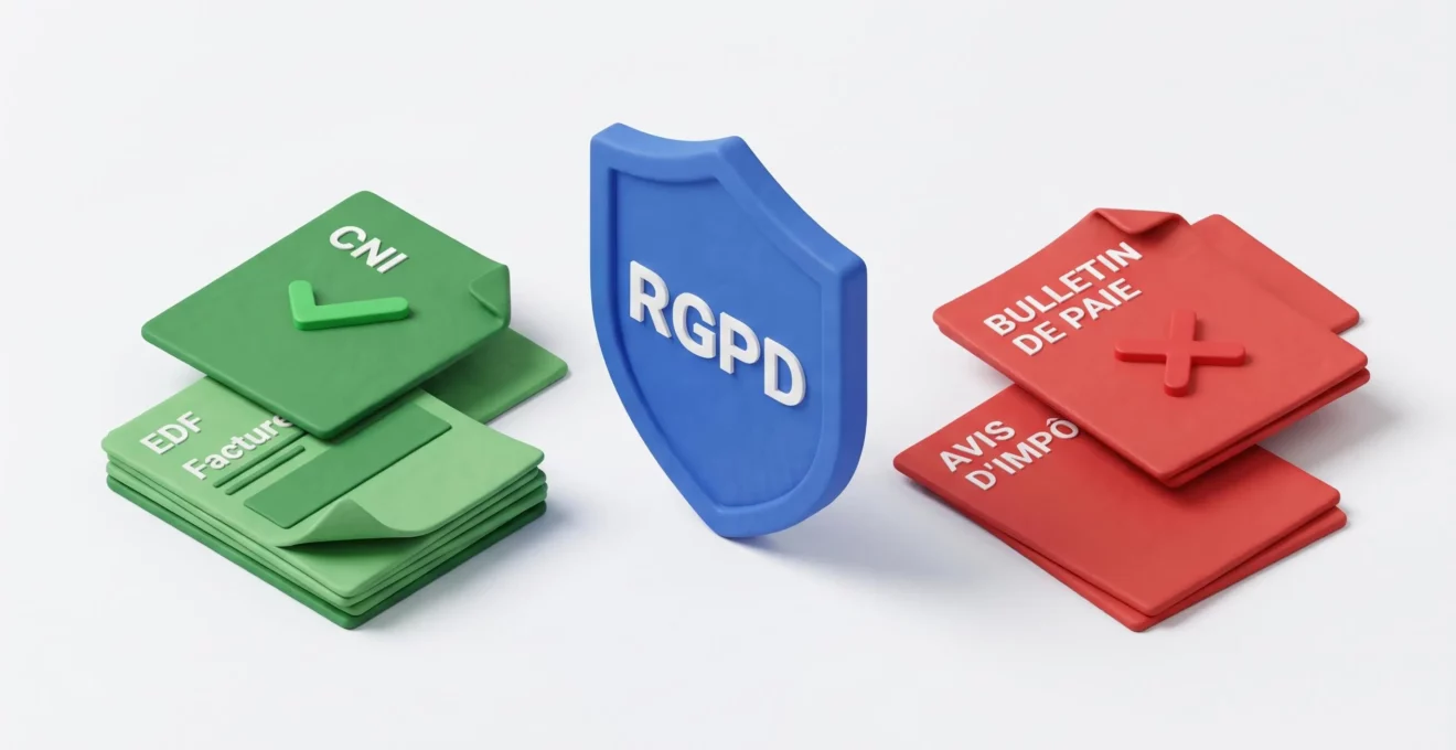 Illustration 3D isométrique montrant deux piles de documents, une verte avec coche pour documents autorisés, une rouge avec croix pour documents interdits, et un bouclier bleu RGPD au centre