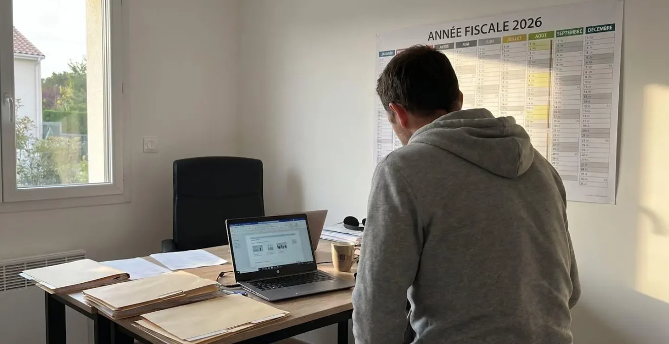 Personne de dos consultant un calendrier mural avec dates fiscales marquées dans un bureau à domicile contemporain