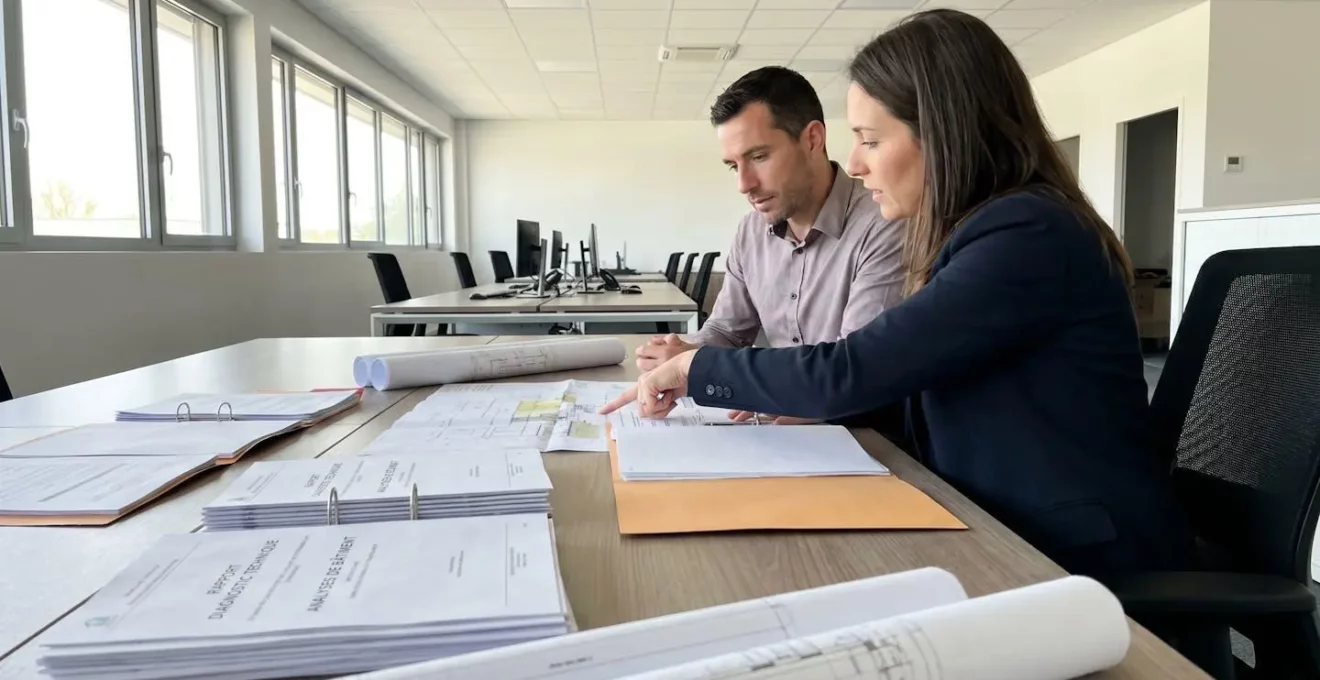 Deux professionnels de profil consultant des rapports techniques de bâtiment étalés sur un bureau moderne