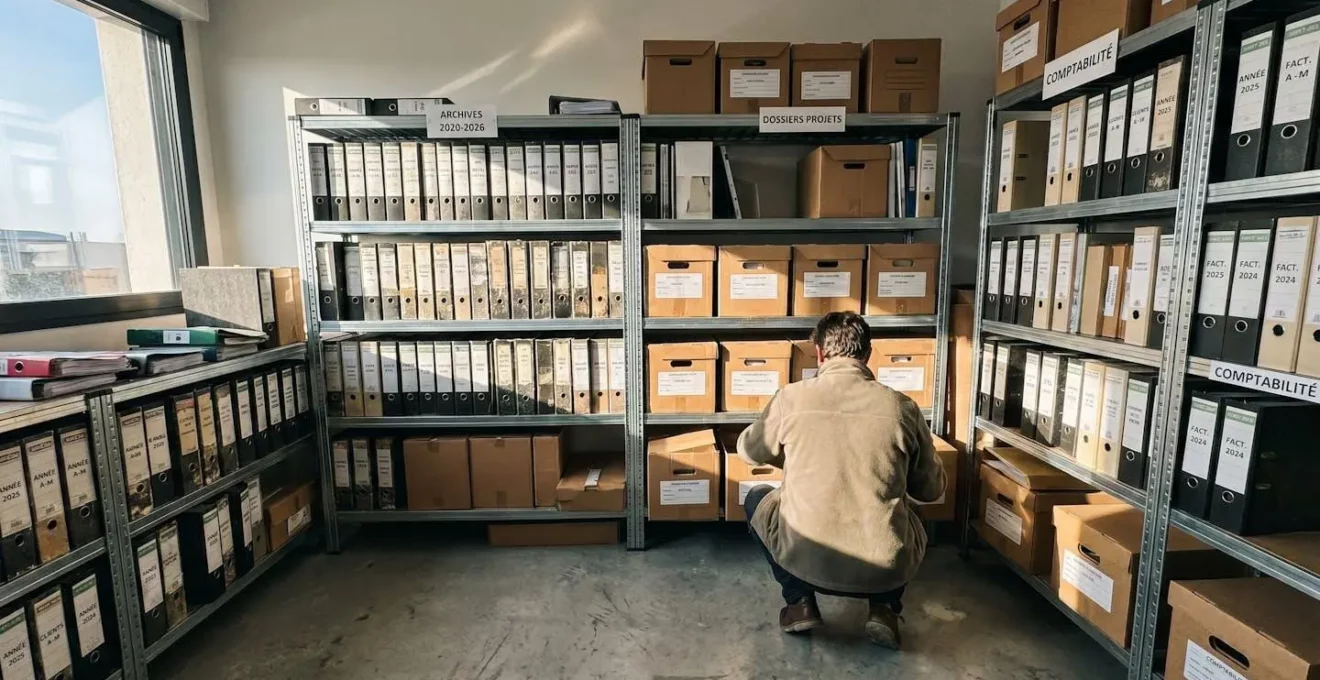 Système de rangement de bureau moderne avec classeurs étiquetés par année et boîtes d'archives organisées sur étagères métalliques